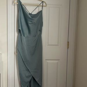 Blue Drap Asymmetric Strap Midi Dress